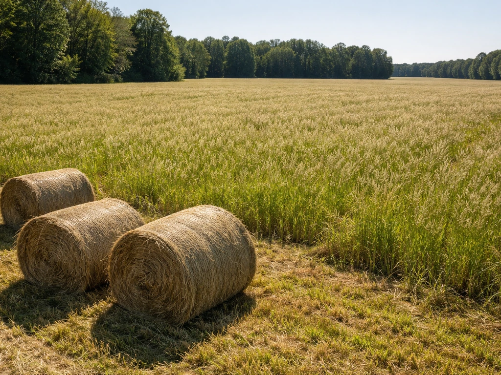 Sunlit orchard grass field with round bales in the foreground, ready for mowing