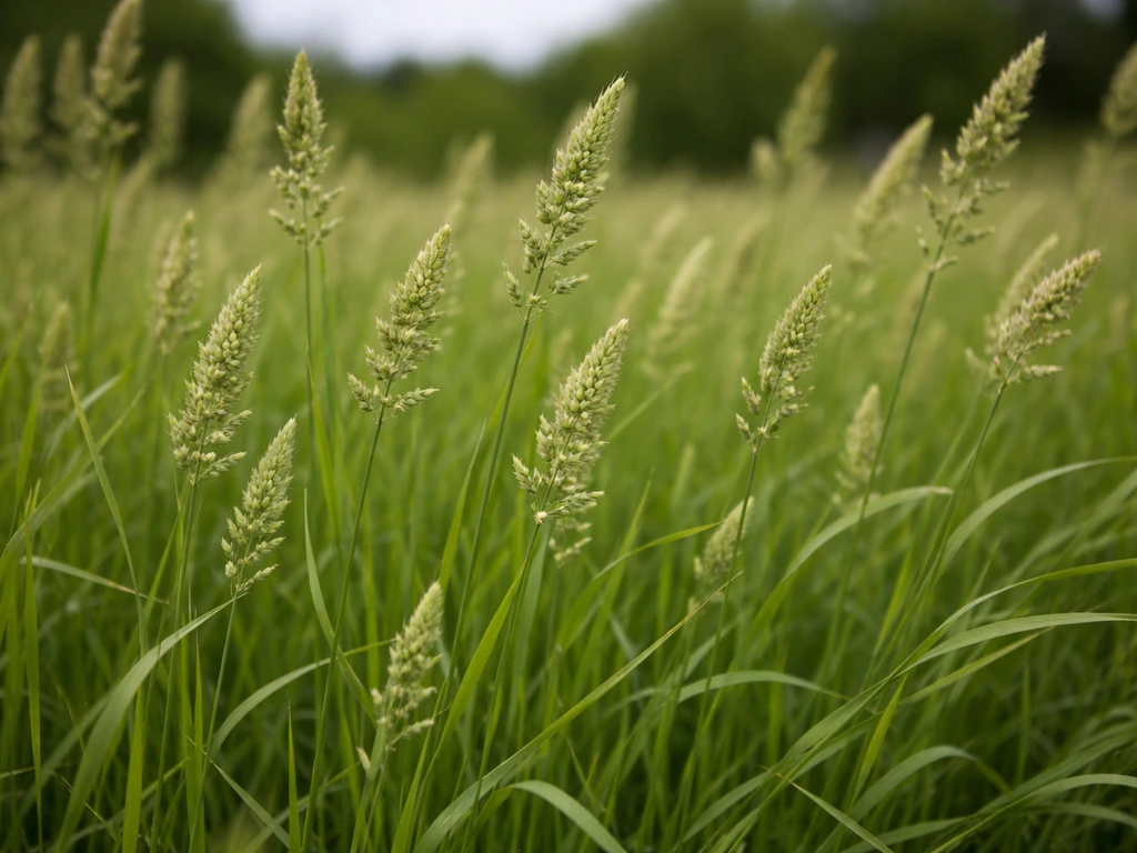 Orchard grass forage with dense green blades and visible seed heads in a rural field