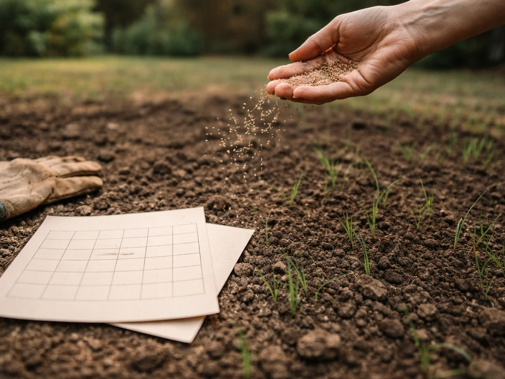 Hand broadcasting grass seed from a small handful on soil near an autumn calendar page