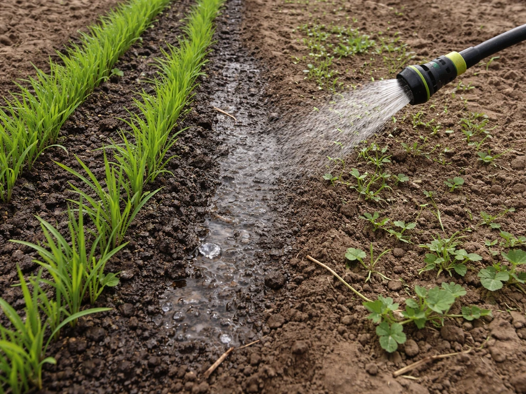 Moist seedling row showing healthy seedlings beside weedy competition after watering