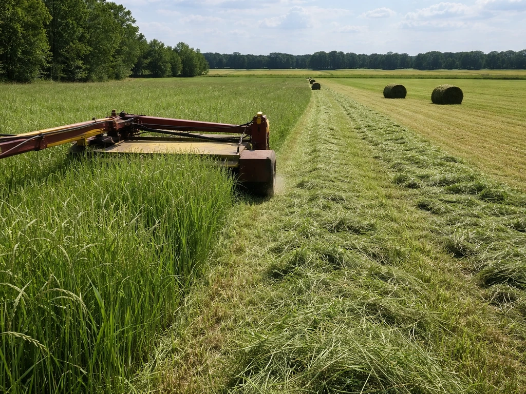 Orchard grass hay being mowed at boot stage, with fresh swath and forming bales in a rural field